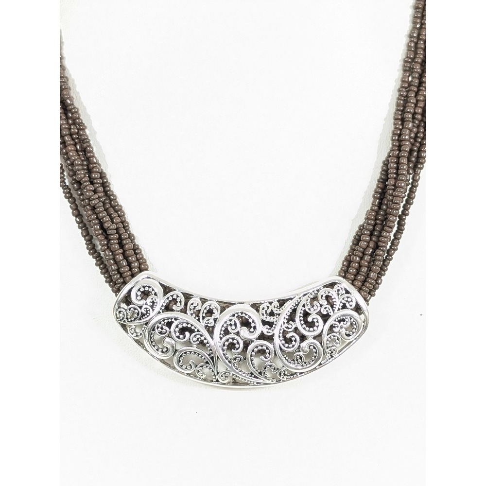 Multi-Strand Brown Seed Bead Necklace‎ 21" Silver Tone Curved Filigree Pendant
